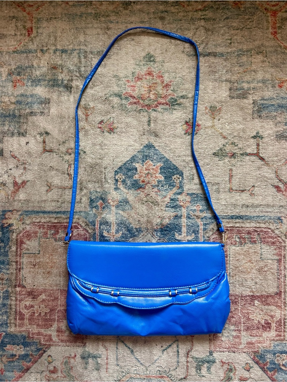 Vintage 80s Crossbody Purse Clutch Blue Removable Strap Coquette Patent Leather